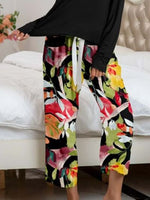 Pajamas Round Neck Top and Printed Pants Lounge Set