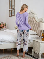 Pajamas Round Neck Top and Printed Pants Lounge Set