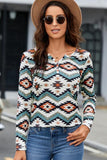 Printed Notched Neck Long Sleeve Top S-XL