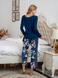 Pajamas Round Neck Top and Printed Pants Lounge Set