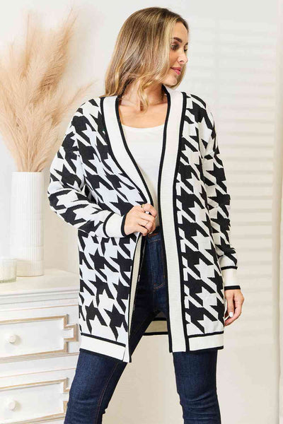 Woven Right Houndstooth Open Front Longline Cardigan S-XL