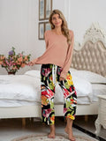 Pajamas Round Neck Top and Printed Pants Lounge Set