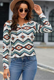 Printed Notched Neck Long Sleeve Top S-XL