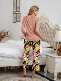 Pajamas Round Neck Top and Printed Pants Lounge Set