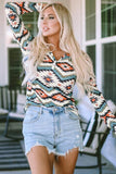 Printed Notched Neck Long Sleeve Top S-XL