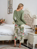 Pajamas Round Neck Top and Printed Pants Lounge Set