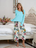 Pajamas Round Neck Top and Printed Pants Lounge Set