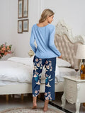 Pajamas Round Neck Top and Printed Pants Lounge Set