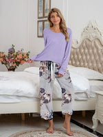 Pajamas Round Neck Top and Printed Pants Lounge Set