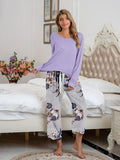 Pajamas Round Neck Top and Printed Pants Lounge Set