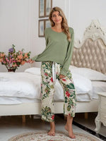 Pajamas Round Neck Top and Printed Pants Lounge Set