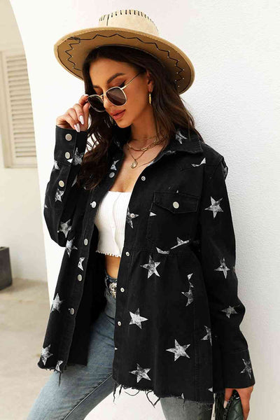 Collared Neck Star Print Long Sleeve Denim Jacket S-L