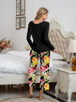 Pajamas Round Neck Top and Printed Pants Lounge Set